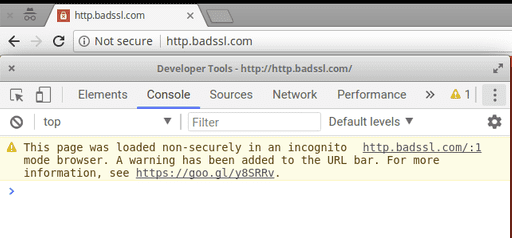 Chrome shows a not secure warning on http.badssl.com in incognito mode