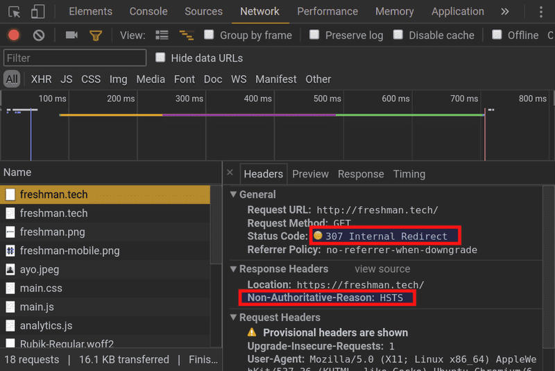 Chrome DevTools showing 307 Internal Redirect