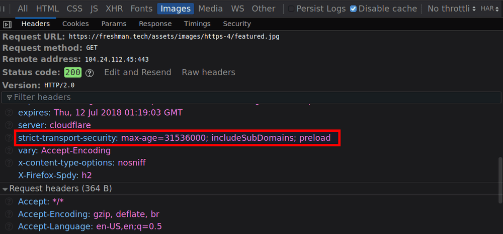 Firefox Dev tools showing the HSTS header on freshman.tech