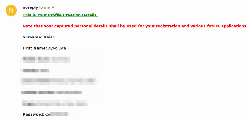 Screenshot of email containing user password in plain text