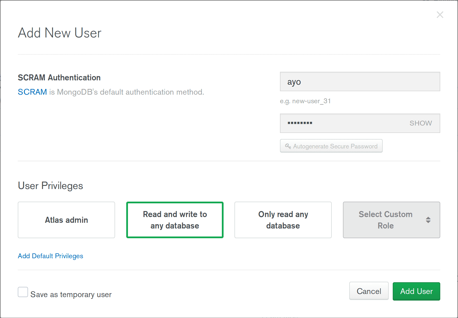 Add user in MongoDB atlas