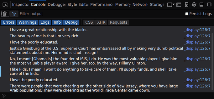 Firefox DevTools showing individual quotes being printed to the console