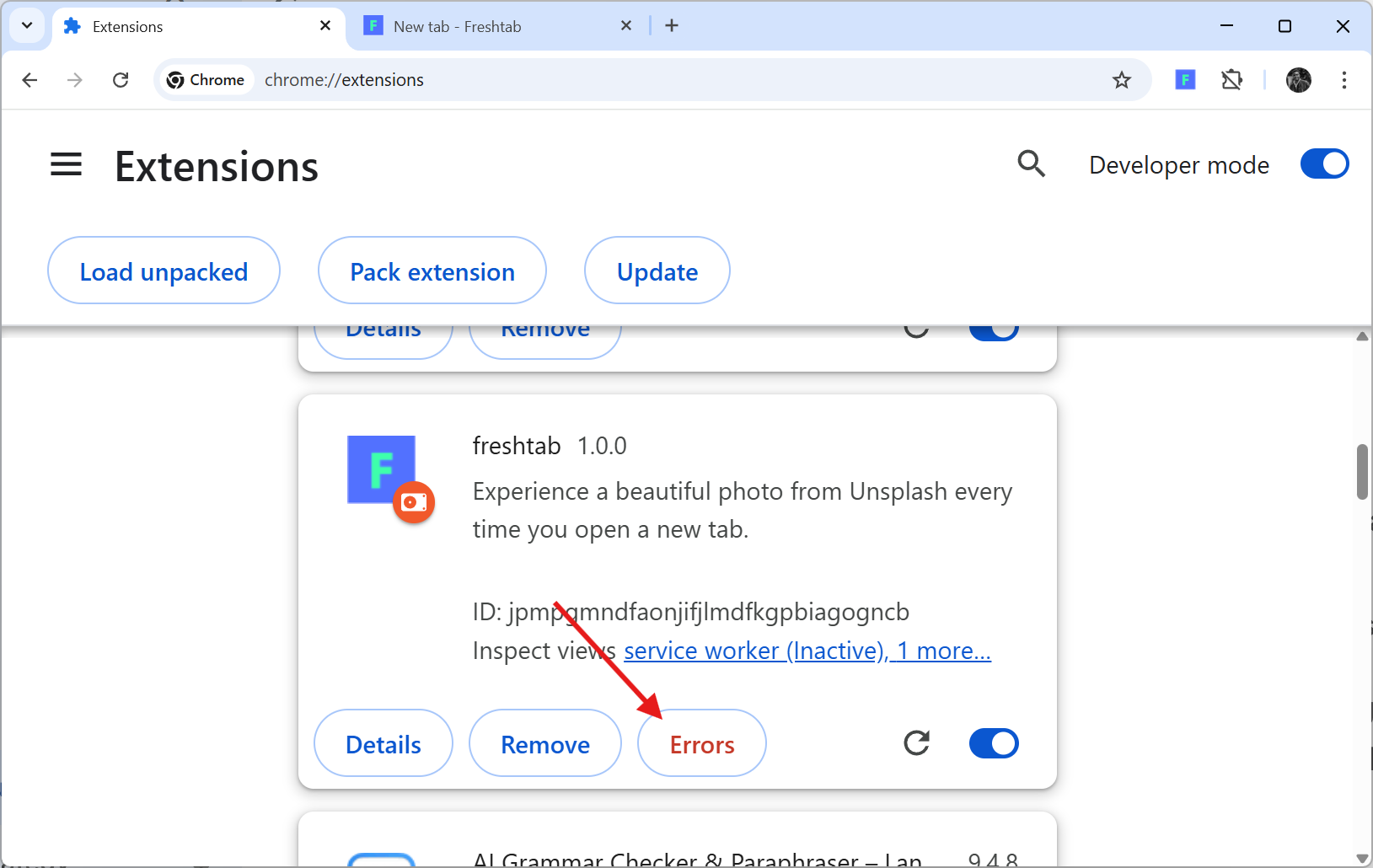 Errors button in Chrome extension card