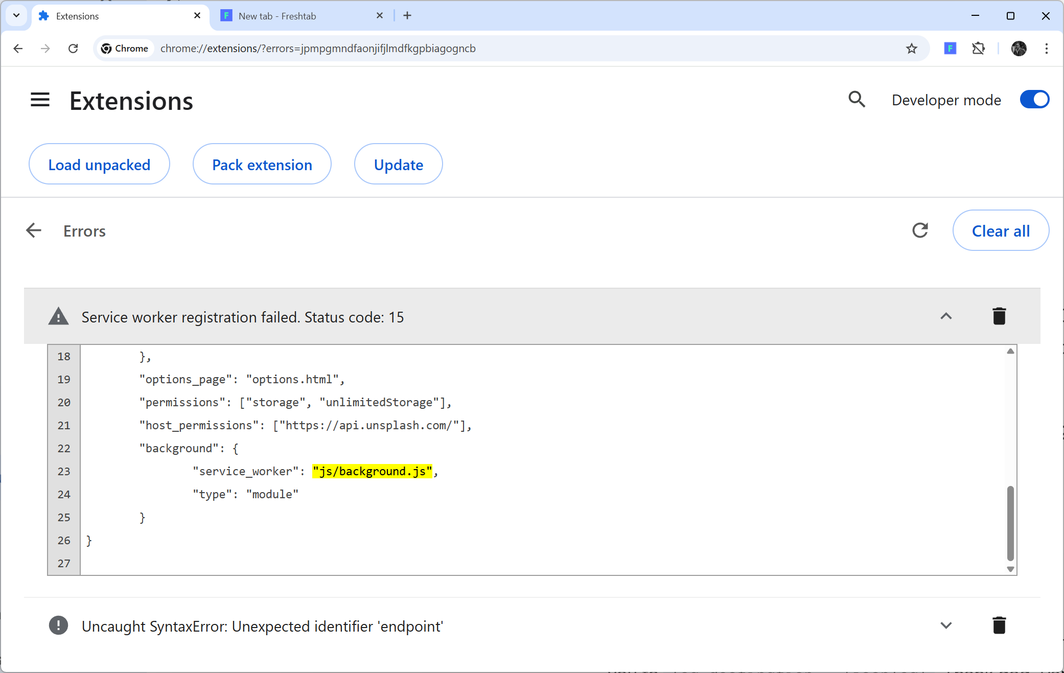 Viewing error details in Chrome extension
